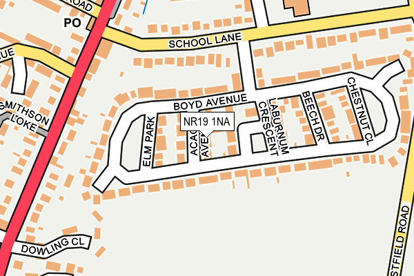NR19 1NA map - OS OpenMap – Local (Ordnance Survey)