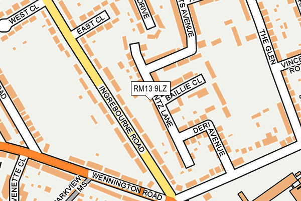 RM13 9LZ map - OS OpenMap – Local (Ordnance Survey)