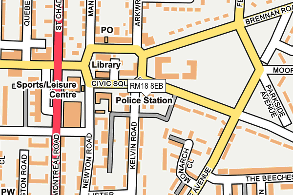 RM18 8EB map - OS OpenMap – Local (Ordnance Survey)