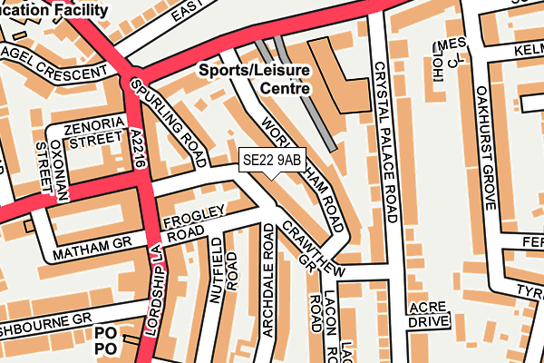 SE22 9AB map - OS OpenMap – Local (Ordnance Survey)