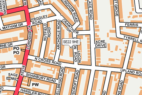 SE22 9HE map - OS OpenMap – Local (Ordnance Survey)