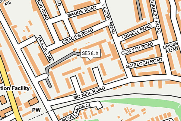 SE5 8JX map - OS OpenMap – Local (Ordnance Survey)